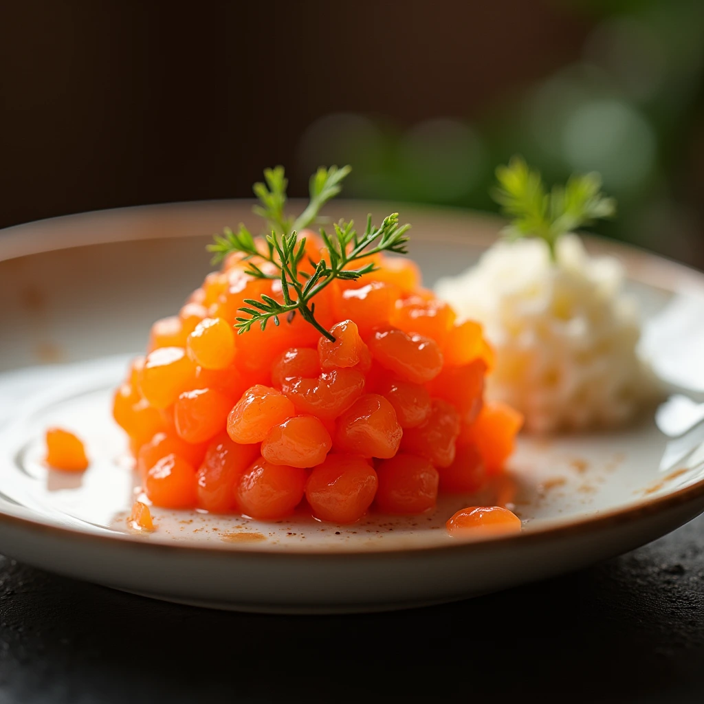 "Salmon roe arranged beautifully on a fine china plate with soft lighting."