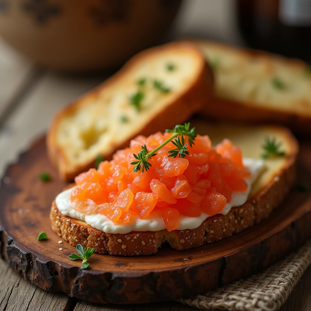 "A rustic presentation of salmon roe paired with buttered toast on a wooden board."