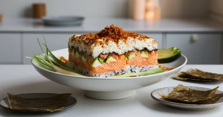 "A delicious Salmon Sushi Bake with layers of salmon, sushi rice, creamy mayo-sriracha sauce, furikake, avocado, and scallions, served with nori sheets."