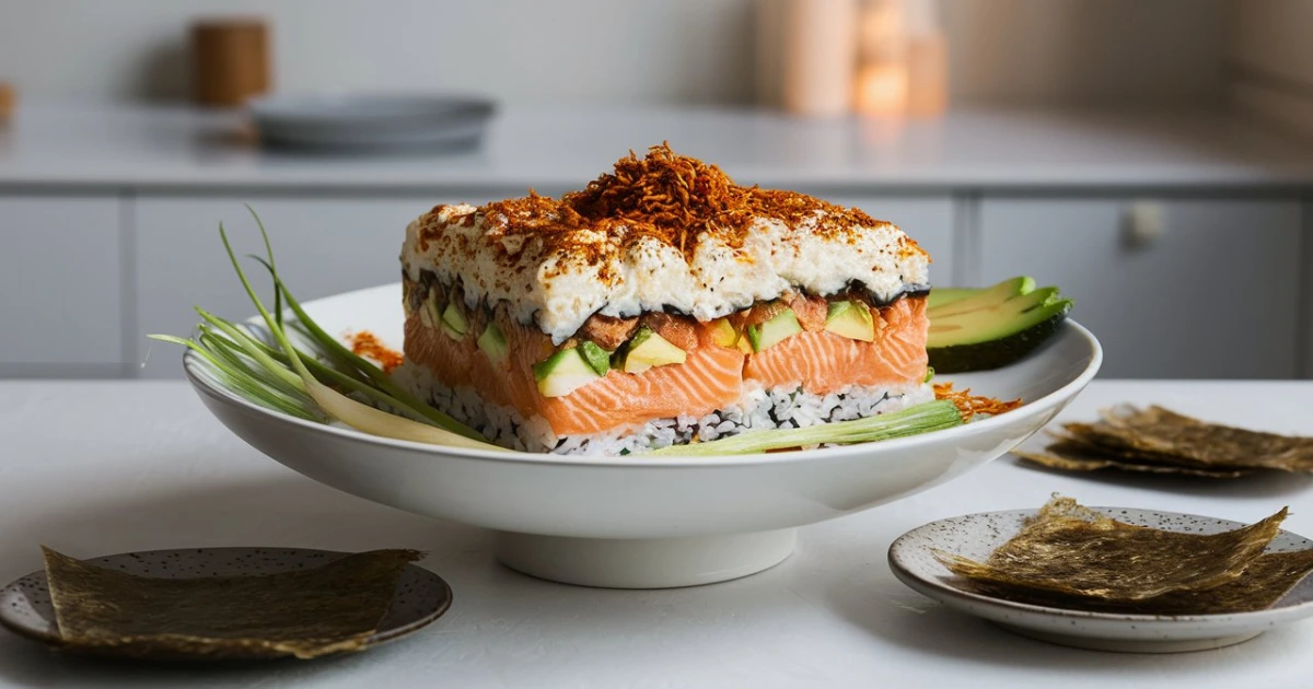 "A delicious Salmon Sushi Bake with layers of salmon, sushi rice, creamy mayo-sriracha sauce, furikake, avocado, and scallions, served with nori sheets."