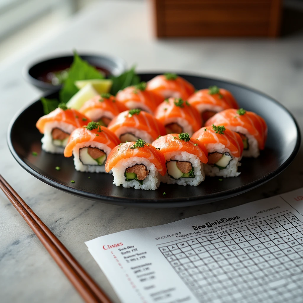  "A plate of fresh salmon sushi placed next to a New York Times-style crossword puzzle, blending food and brain-teasing fun."