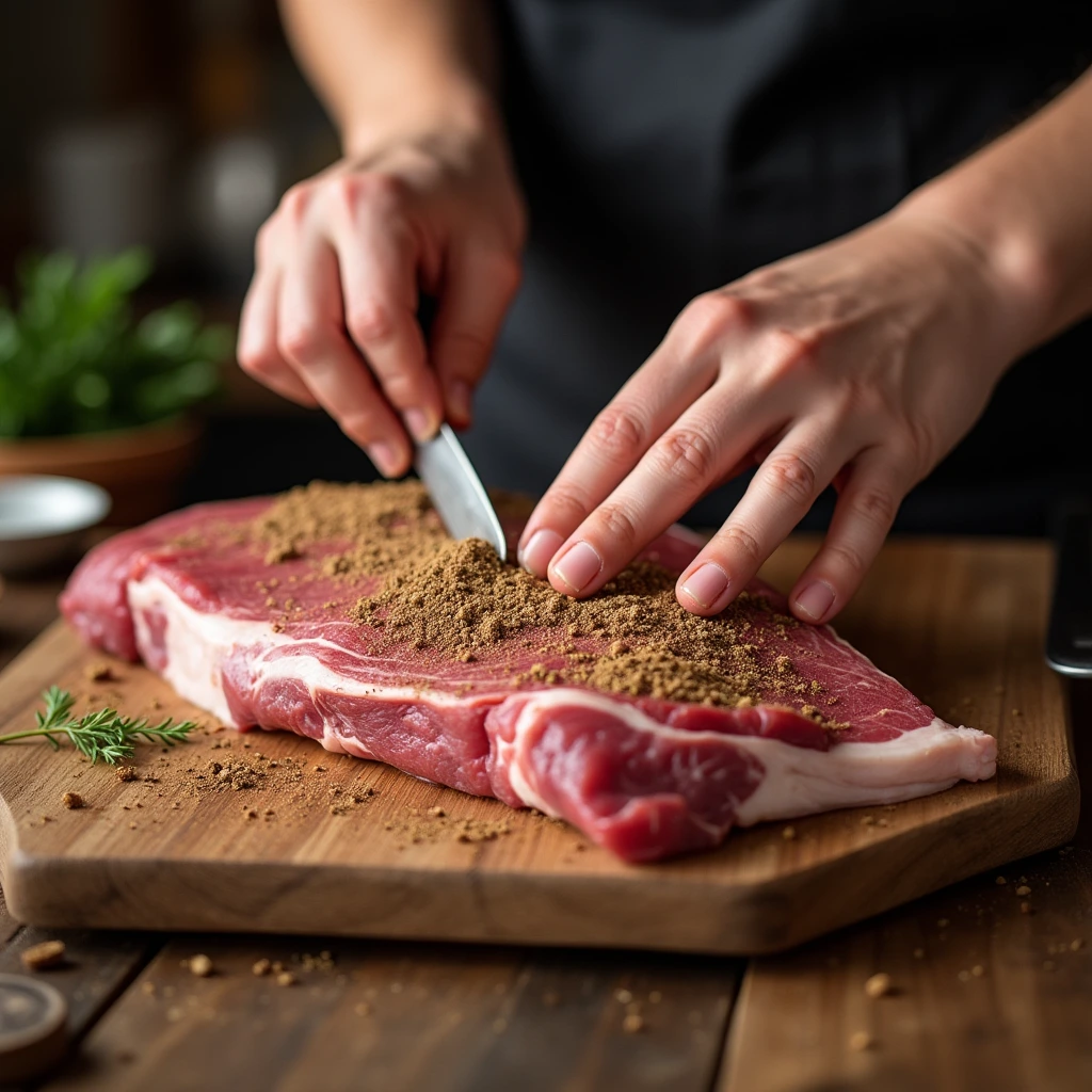 A hand rubbing beef bouillon powder onto a raw brisket, demonstrating how to evenly season the meat for optimal flavor.