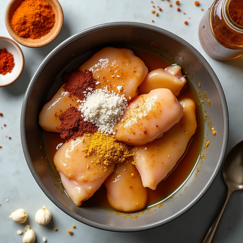 Raw chicken pieces in a bowl, seasoned with salt, pepper, garlic, and aji amarillo paste, preparing for marination.