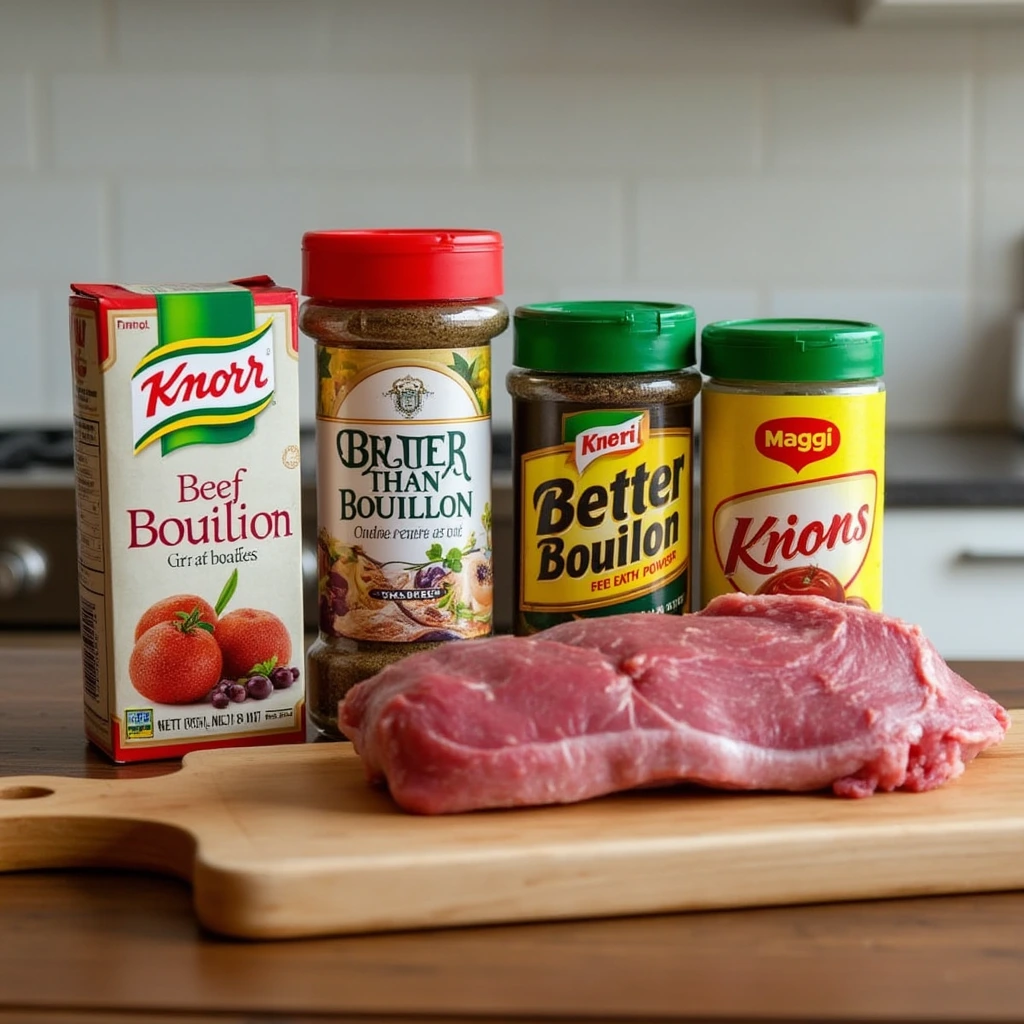 A variety of beef bouillon powders from top brands displayed alongside brisket, helping you choose the best option for flavor enhancement.