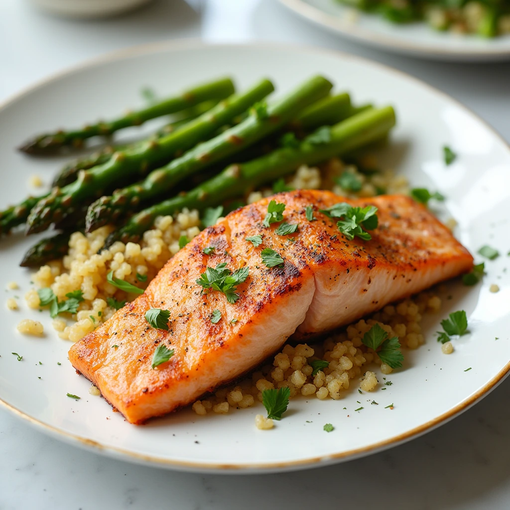 A beautifully plated crispy skin salmon with side dishes such as roasted asparagus and quinoa, showcasing perfect pairings.