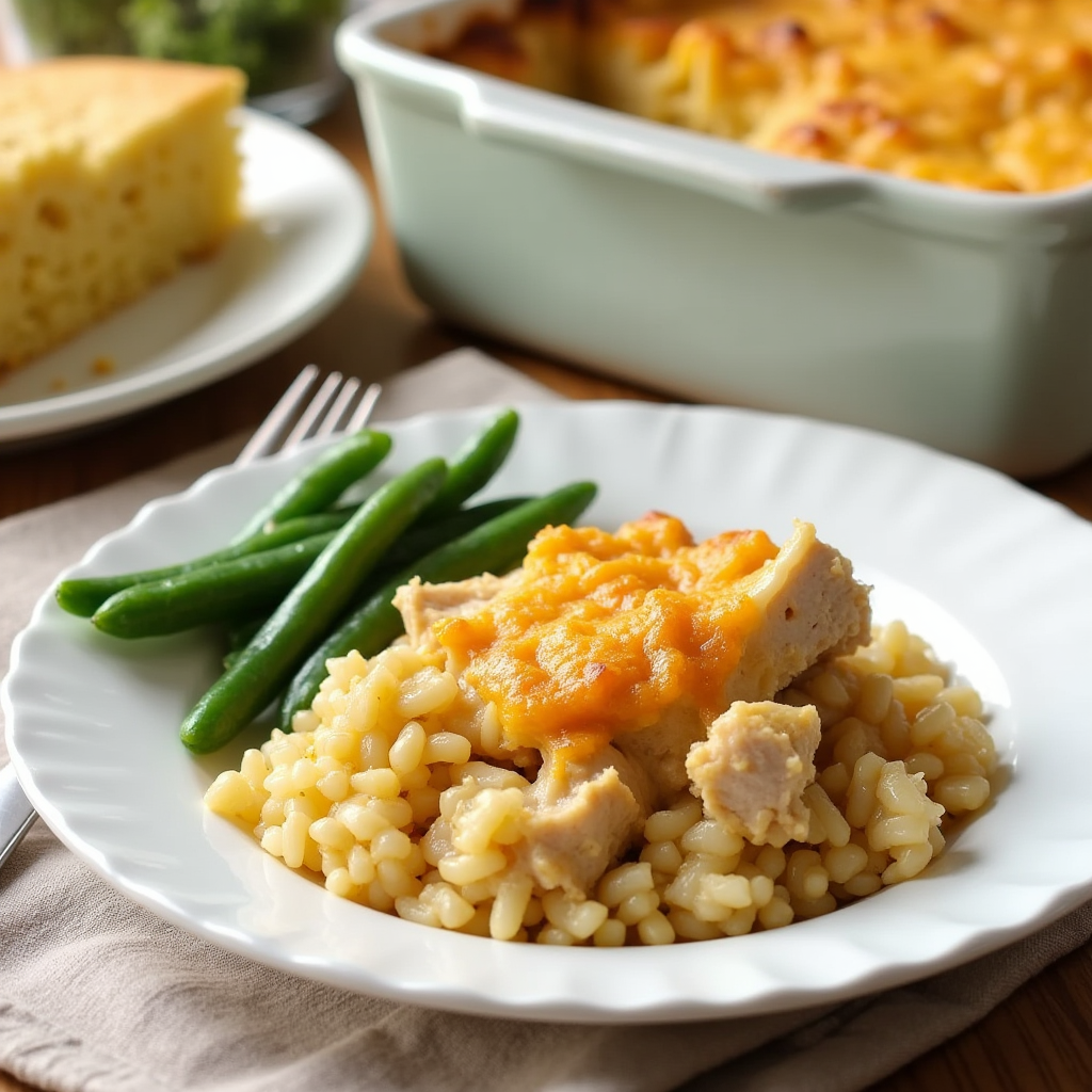 "A plate of Old Fashioned Chicken and Rice Casserole served with green beans, cornbread, and a side salad."