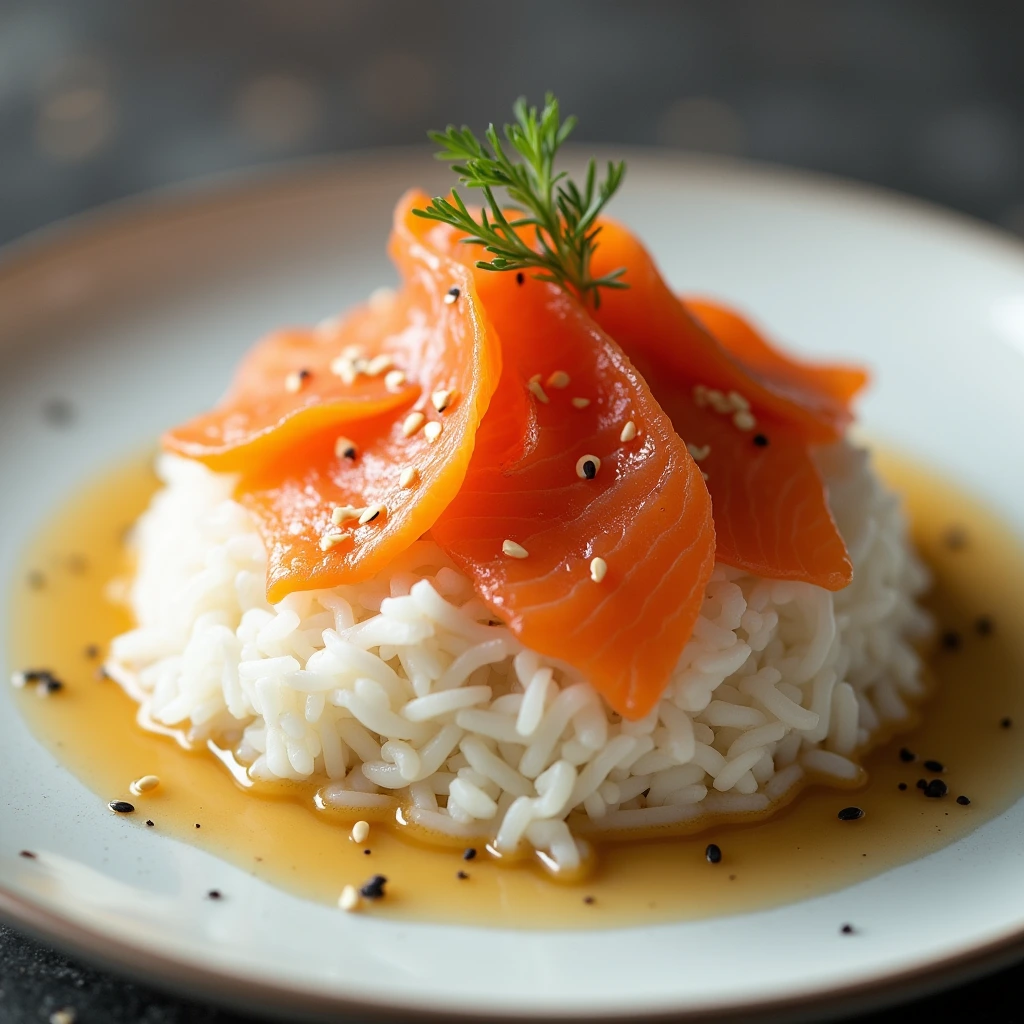 "Thinly sliced smoked salmon arranged over fragrant garlic butter rice, drizzled with light soy sauce and sprinkled with sesame seeds."