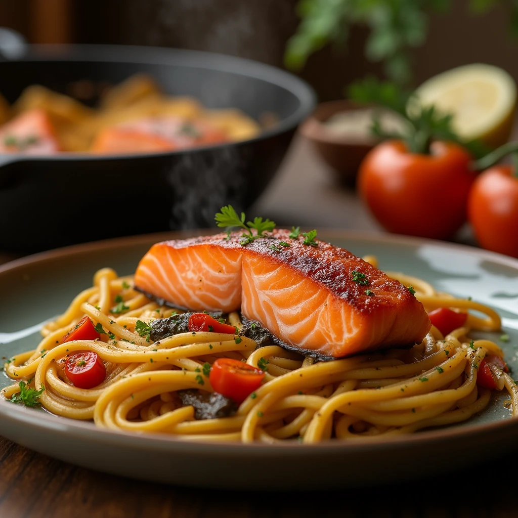 A wooden board with cold smoked and hot smoked salmon, garnished with dill, lemon slices, and capers.