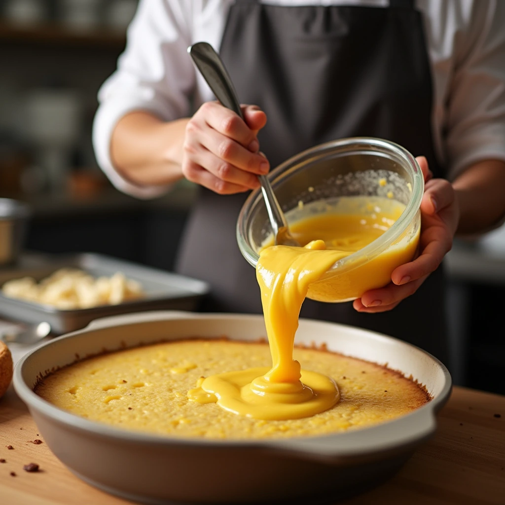 A step-by-step photo showing the preparation of Corn Bread Pudding with ingredients being mixed in a bowl.