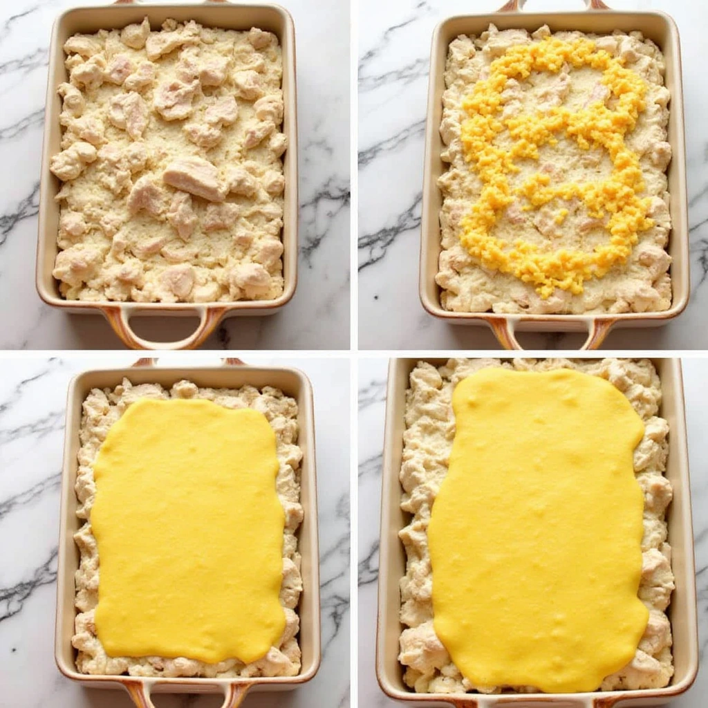 A step-by-step preparation image of Million Dollar Chicken Casserole, showing the layering of chicken, creamy mixture, and cheese before baking.