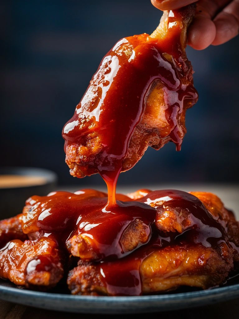 A close-up of a juicy chicken wing coated in thick, glossy dulce chile sauce, with sauce dripping off for a mouthwatering effect.