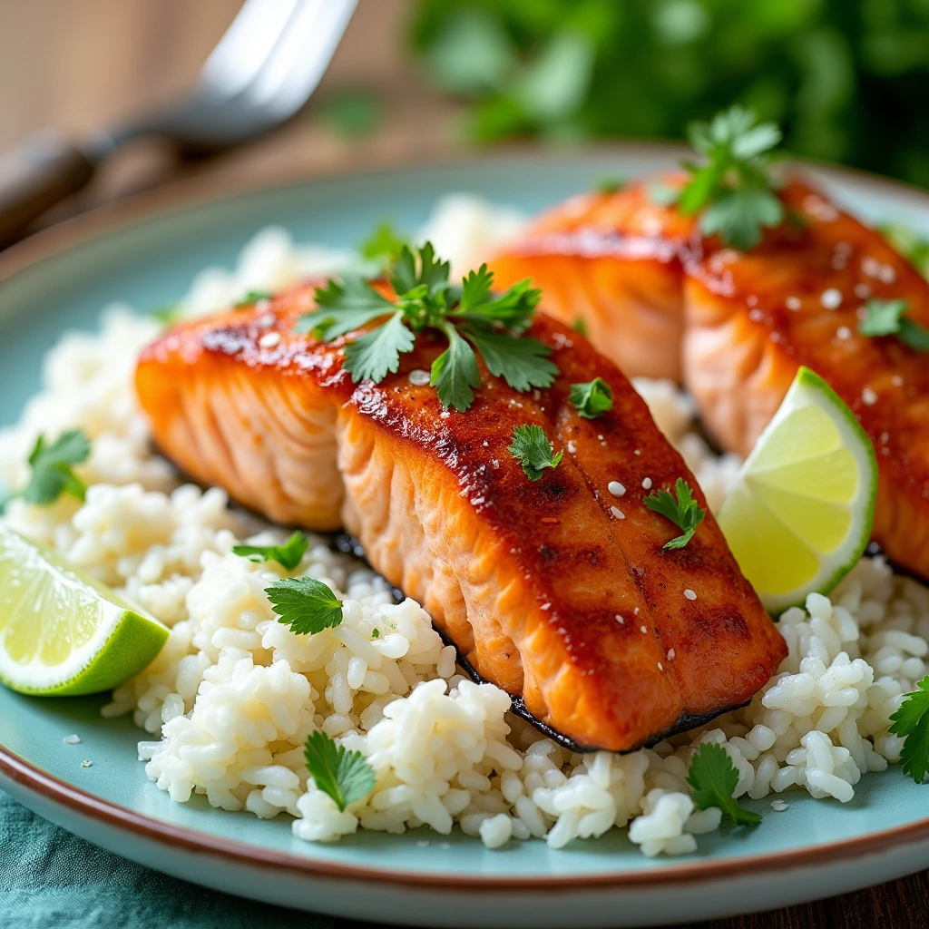 "A glossy, teriyaki-glazed salmon fillet placed over steamed white rice, garnished with sesame seeds and finely chopped green onions."