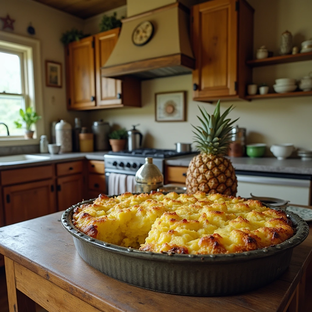  "A traditional Southern kitchen with vintage decor, reflecting the origins of pineapple casserole as a Southern holiday favorite."