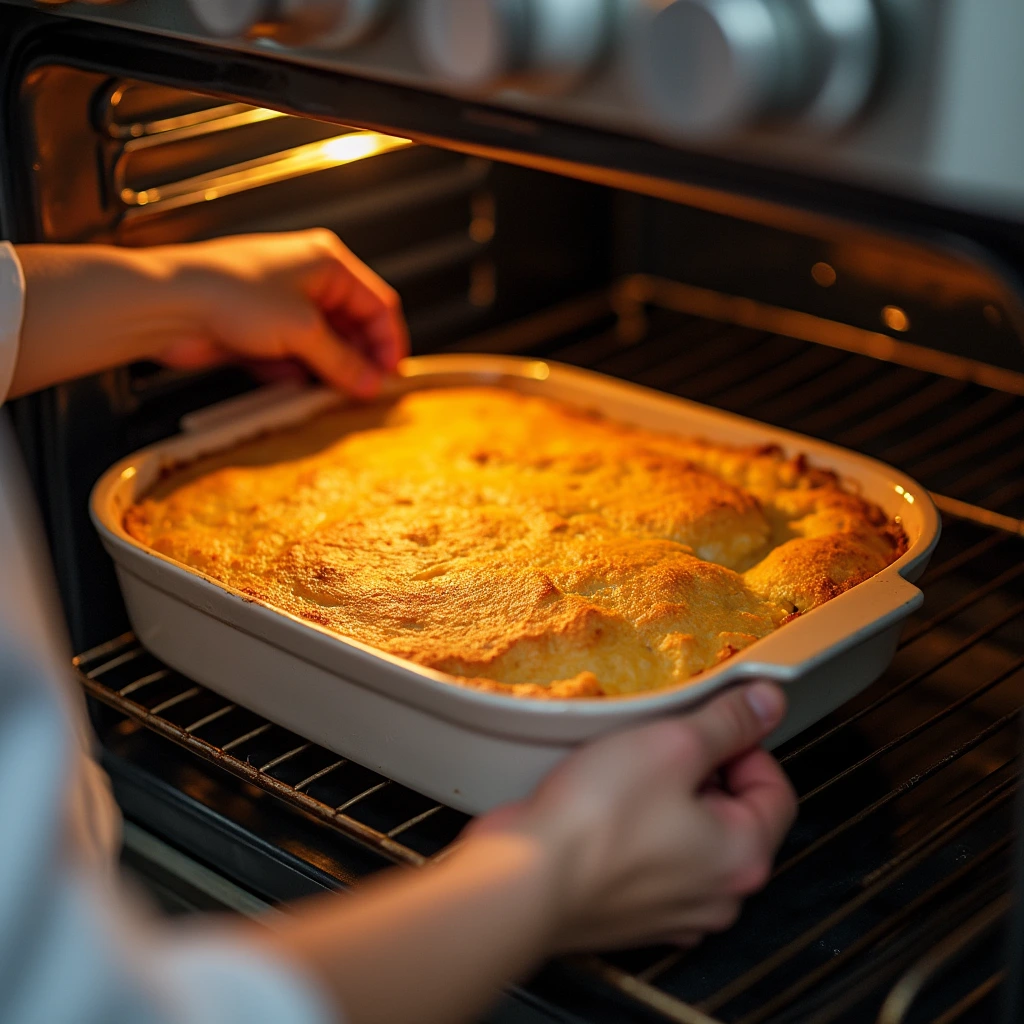 A chef carefully adjusts the oven temperature while checking the Corn Bread Pudding in a baking dish to ensure it bakes evenly.