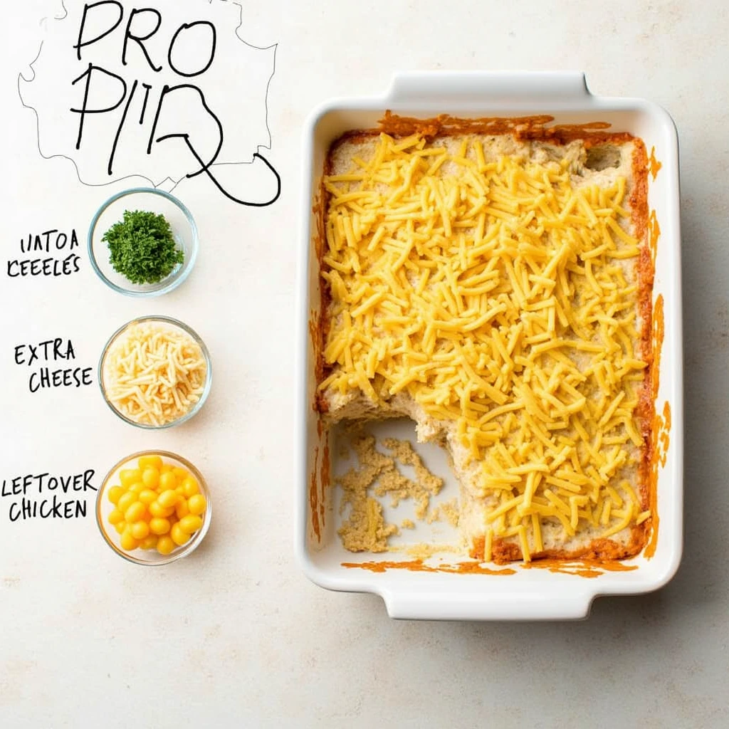 An image showing an expert tip for enhancing Million Dollar Chicken Casserole, with suggestions like adding extra cheese or using leftover chicken for a quicker prep.