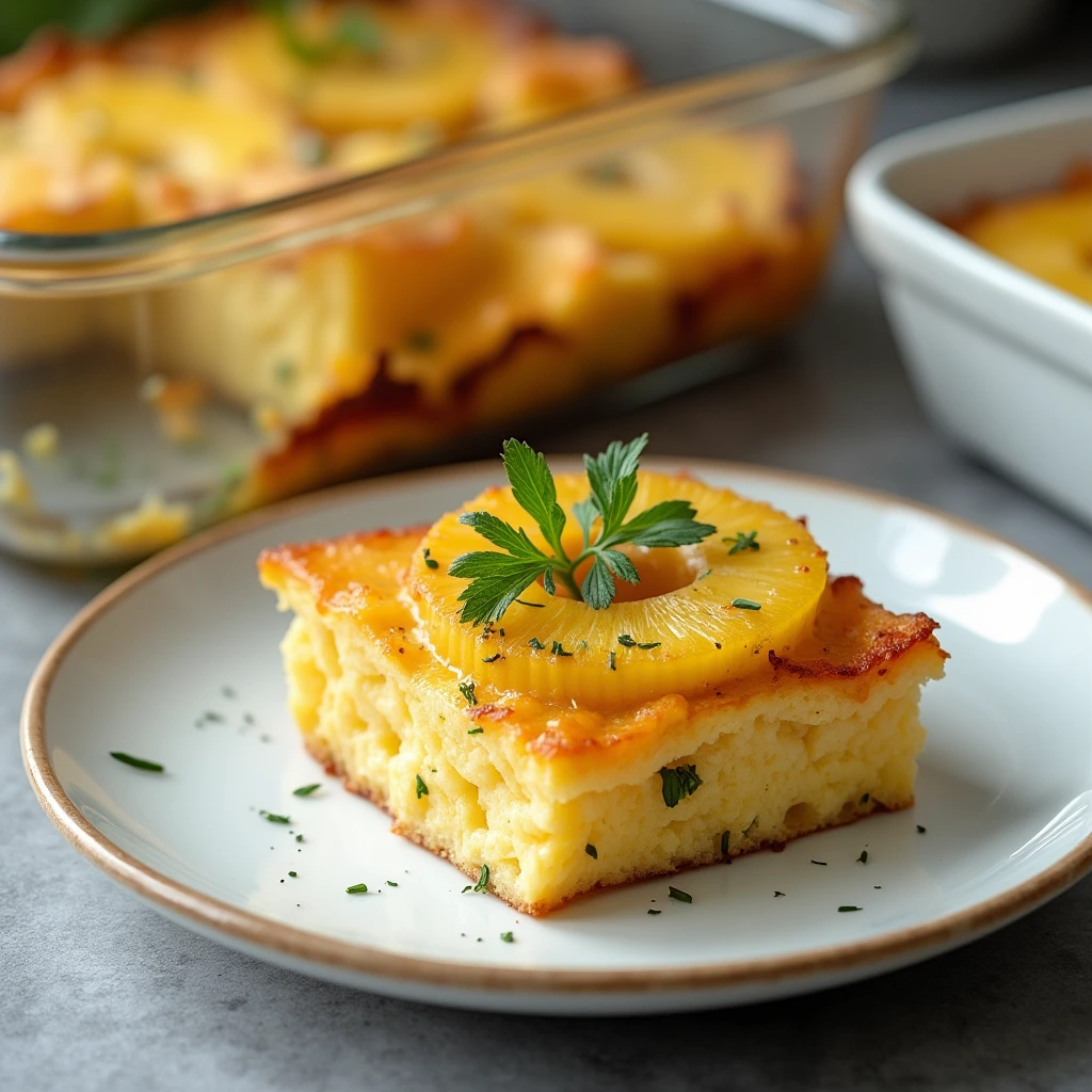  "A beautifully served dish of pineapple casserole on a dinner plate, garnished with fresh herbs, ready to be enjoyed."