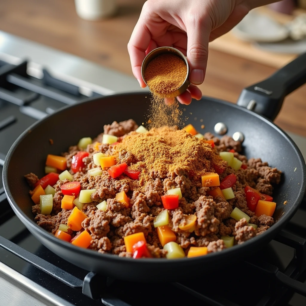 "Image of the finished Mexican Beef and Rice Skillet in a cast-iron skillet with a sprinkle of cheese, cilantro, and lime wedges on top."