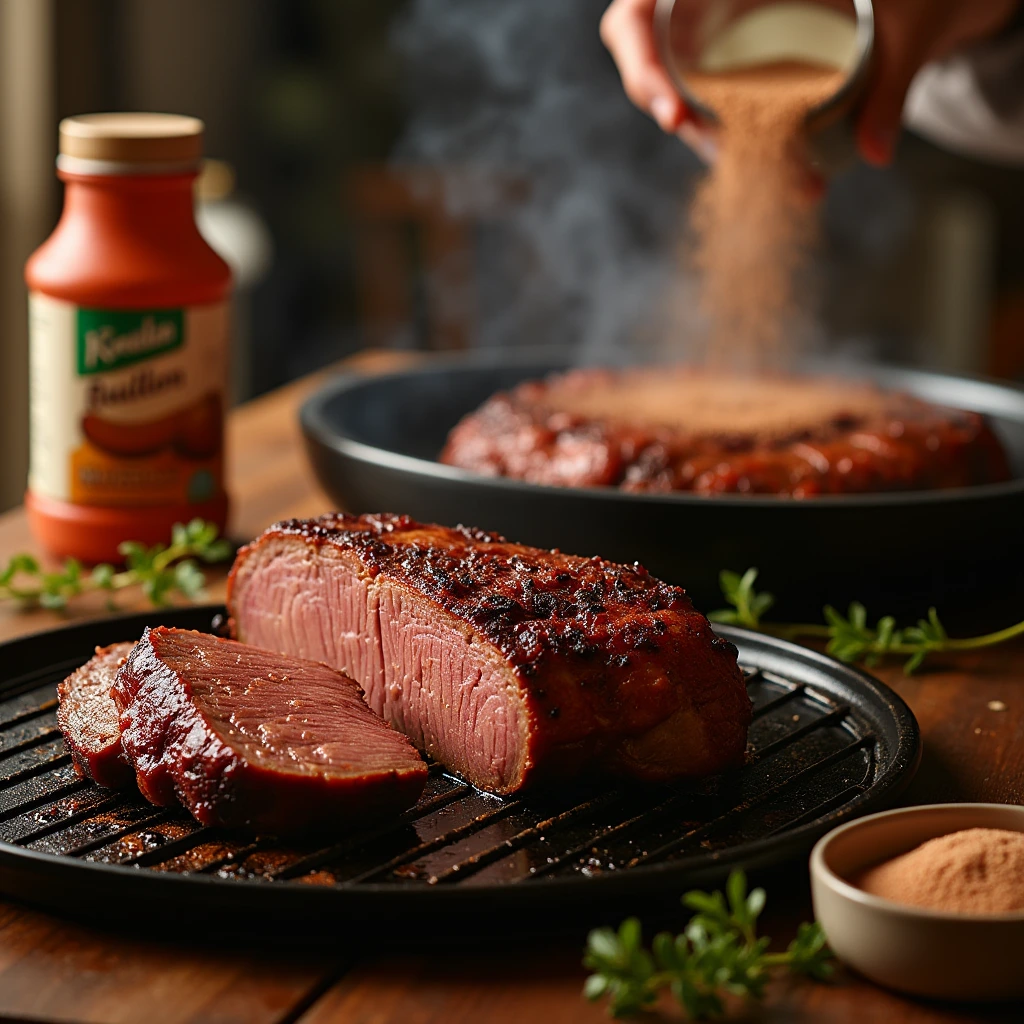  A jar of beef bouillon powder next to raw brisket, showcasing its rich, flavorful content and how it enhances the meat.