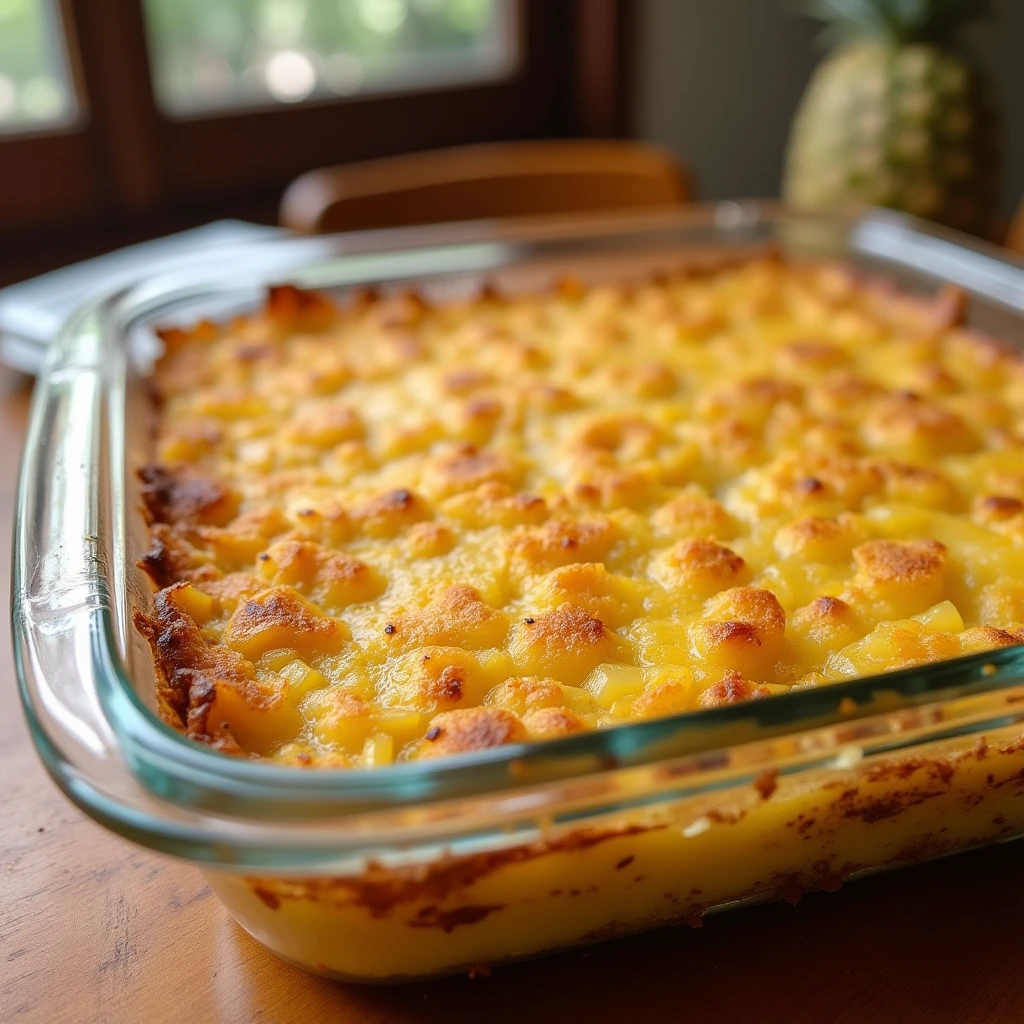 "A close-up of pineapple casserole with a golden, crispy topping, showcasing the perfect blend of pineapple and cheese in a casserole dish."