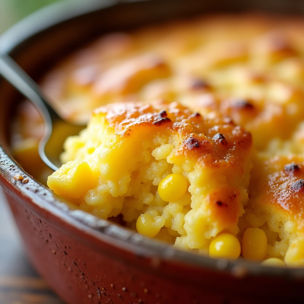  A close-up of a golden, fluffy corn bread pudding with visible corn kernels and a smooth texture, served in a rustic dish.