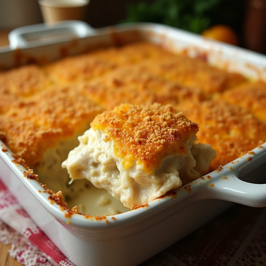 A close-up of Million Dollar Chicken Casserole showing a golden, bubbly cheese topping, with visible chunks of tender chicken and crispy cracker crumbs on top.