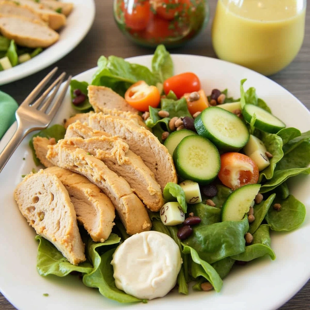 "A selection of higher-calorie chicken salads with creamy dressings and side items high in sodium."