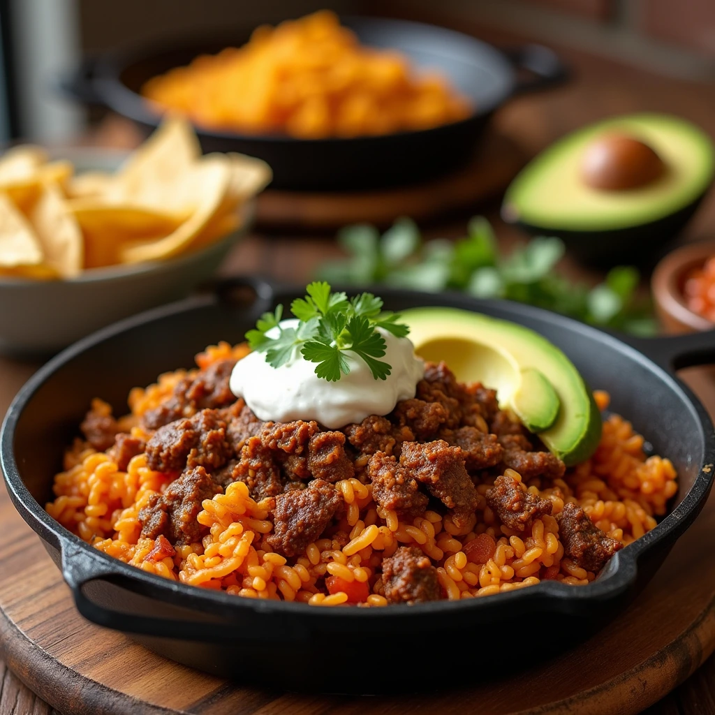 "A side of warm tortillas, avocado slices, and crispy tortilla chips served alongside a Mexican Beef and Rice Skillet."