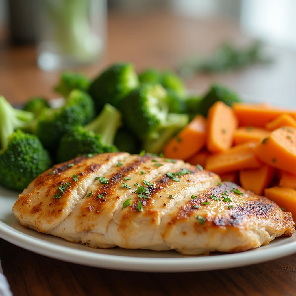  A fresh, grilled chicken breast with vegetables, representing a balanced and nutritious meal.