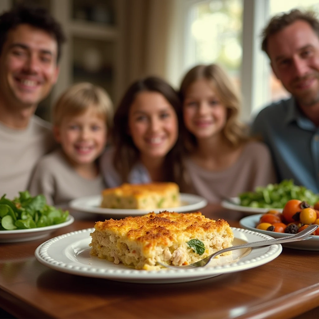 A family enjoying Million Dollar Chicken Casserole around the dinner table, showing the casserole served alongside simple sides like a green salad.