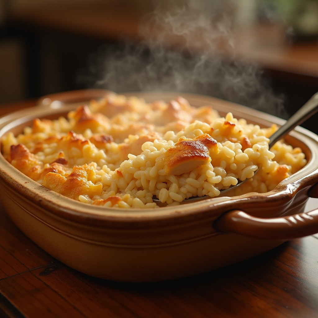 "Old Fashioned Chicken and Rice Casserole, a comforting classic with tender chicken, fluffy rice, and a golden crust, symbolizing tradition and comfort food."