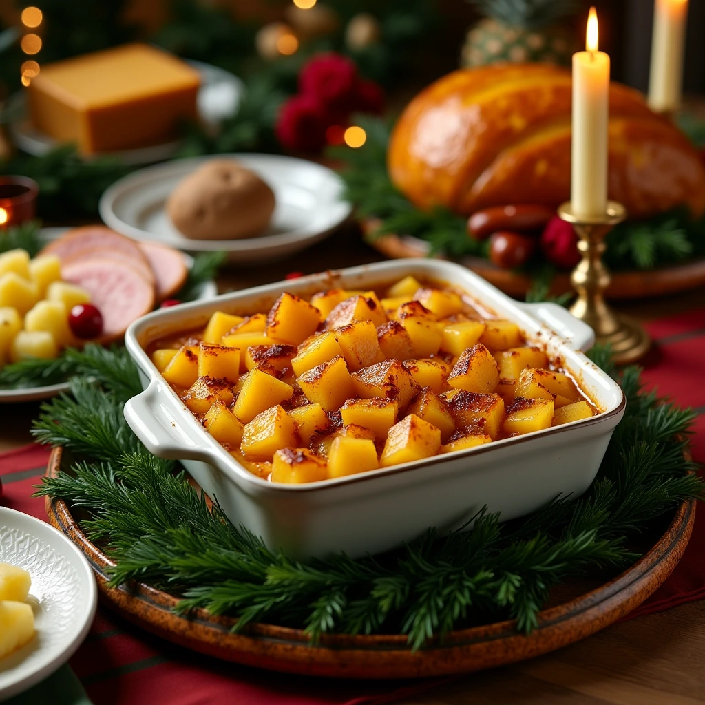 "A festive holiday table set with pineapple casserole, turkey, and other traditional dishes, ready for a family feast."