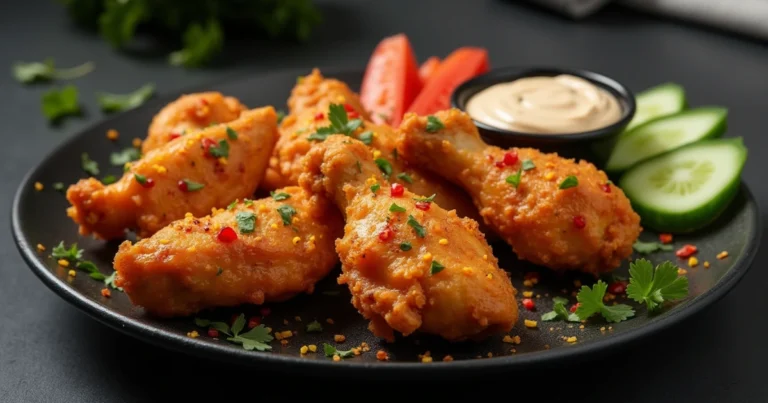 Golden, crispy chicken wing recipes fried served with a side of creamy dipping sauce and fresh herbs for garnish.