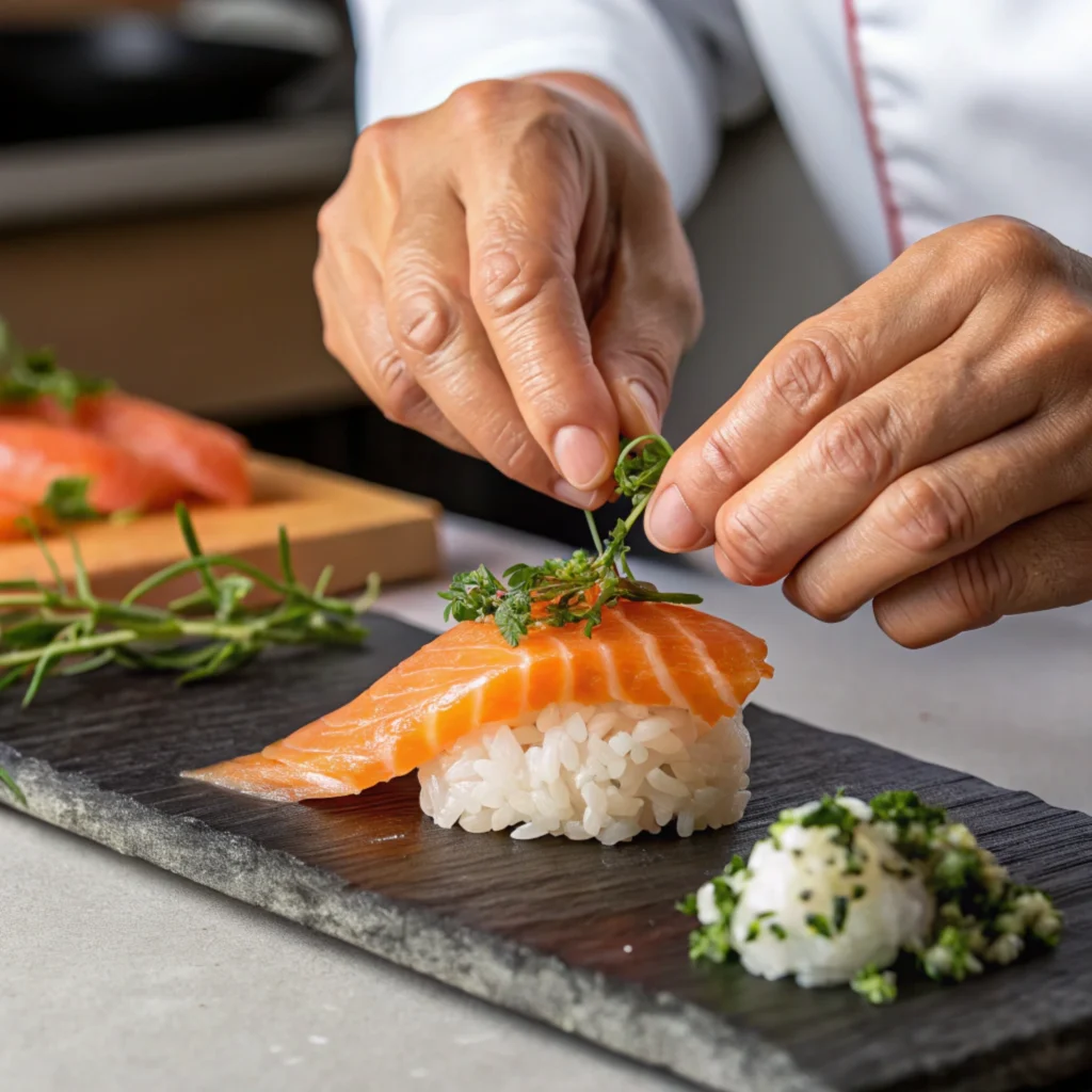  A chef’s hands carefully placing a thin slice of salmon over a mound of sushi rice, garnished with fresh herbs.