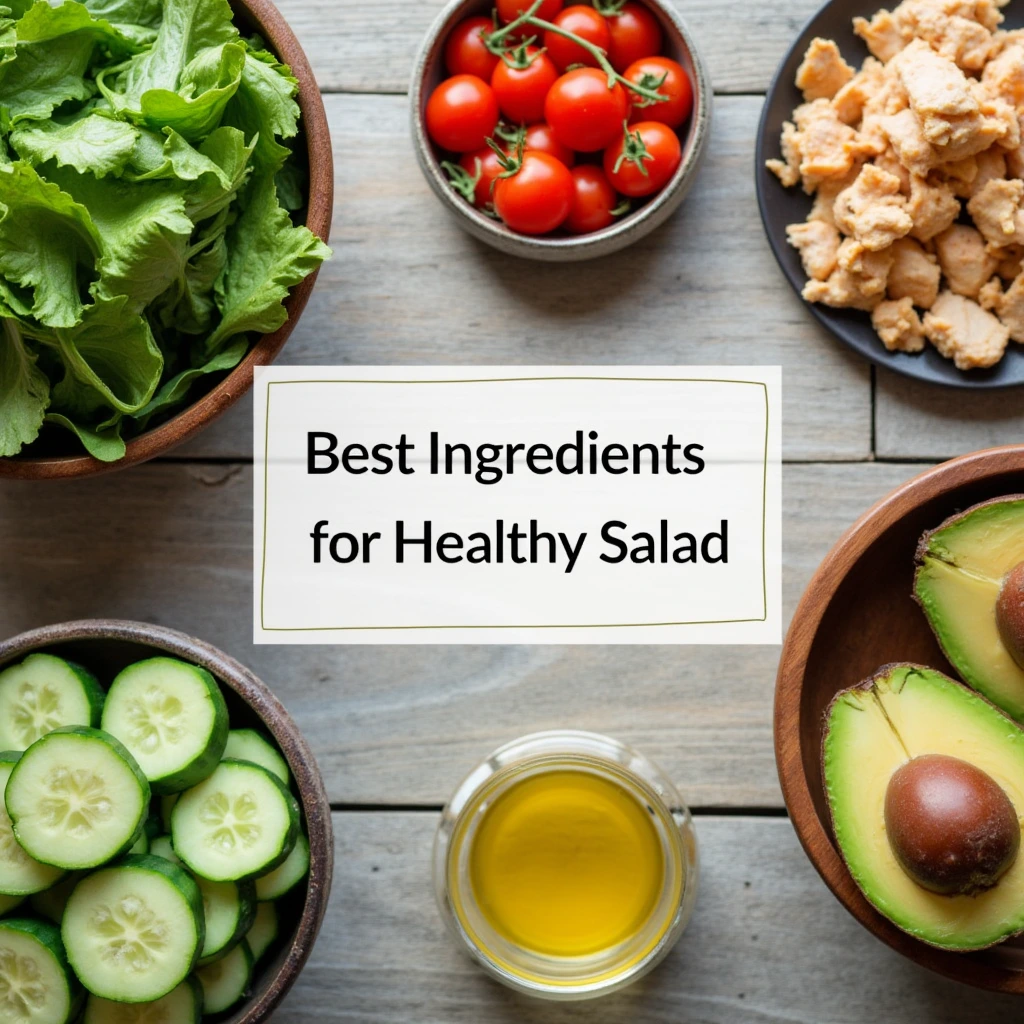 "A selection of healthy chicken salad ingredients including leafy greens, tomatoes, cucumbers, and grilled chicken."