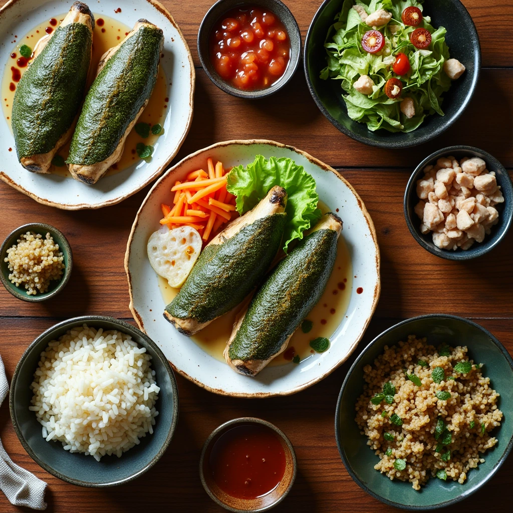 A top-down view of Shiso-infused dishes, including Shiso-wrapped fish, Shiso rice, and a salad, served on a Japanese-style table setting.