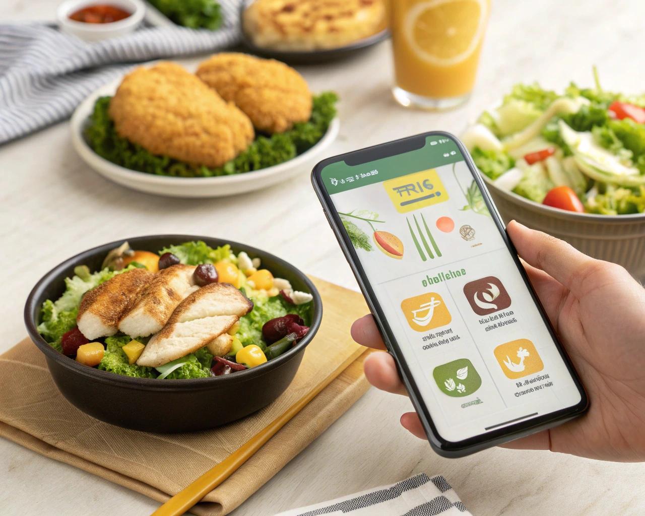 A smartphone screen displaying the Chicken Salad Chick nutrition calculator with calorie and nutrient details, alongside a fresh meal from Chicken Salad Chick.