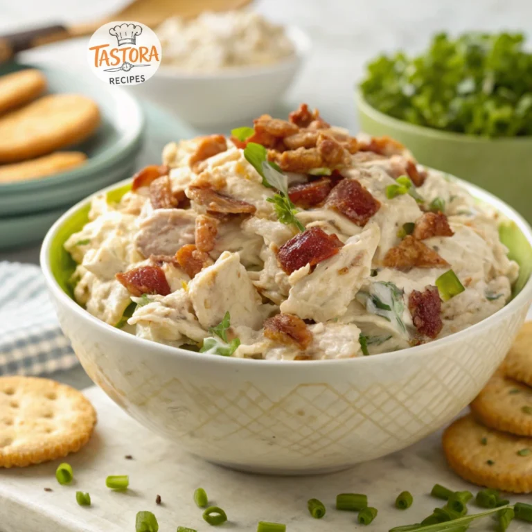 A bowl of creamy Chicken Salad Chick Sassy Scotty featuring shredded chicken, crispy bacon, and green onions, served with croissants and fresh herbs.