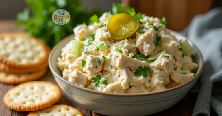 A creamy chicken salad made with tender chicken, mayo, celery, and pickles, garnished with parsley, served with crackers.