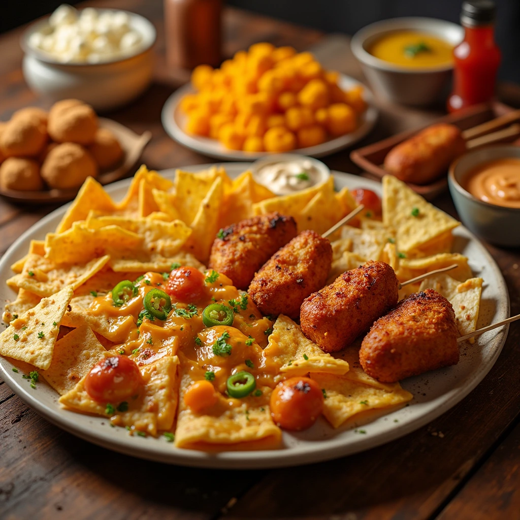 "A rustic wooden tray filled with classic American side dishes like mashed potatoes, coleslaw, corn on the cob, and baked beans, alongside a few spicy chicken wings."