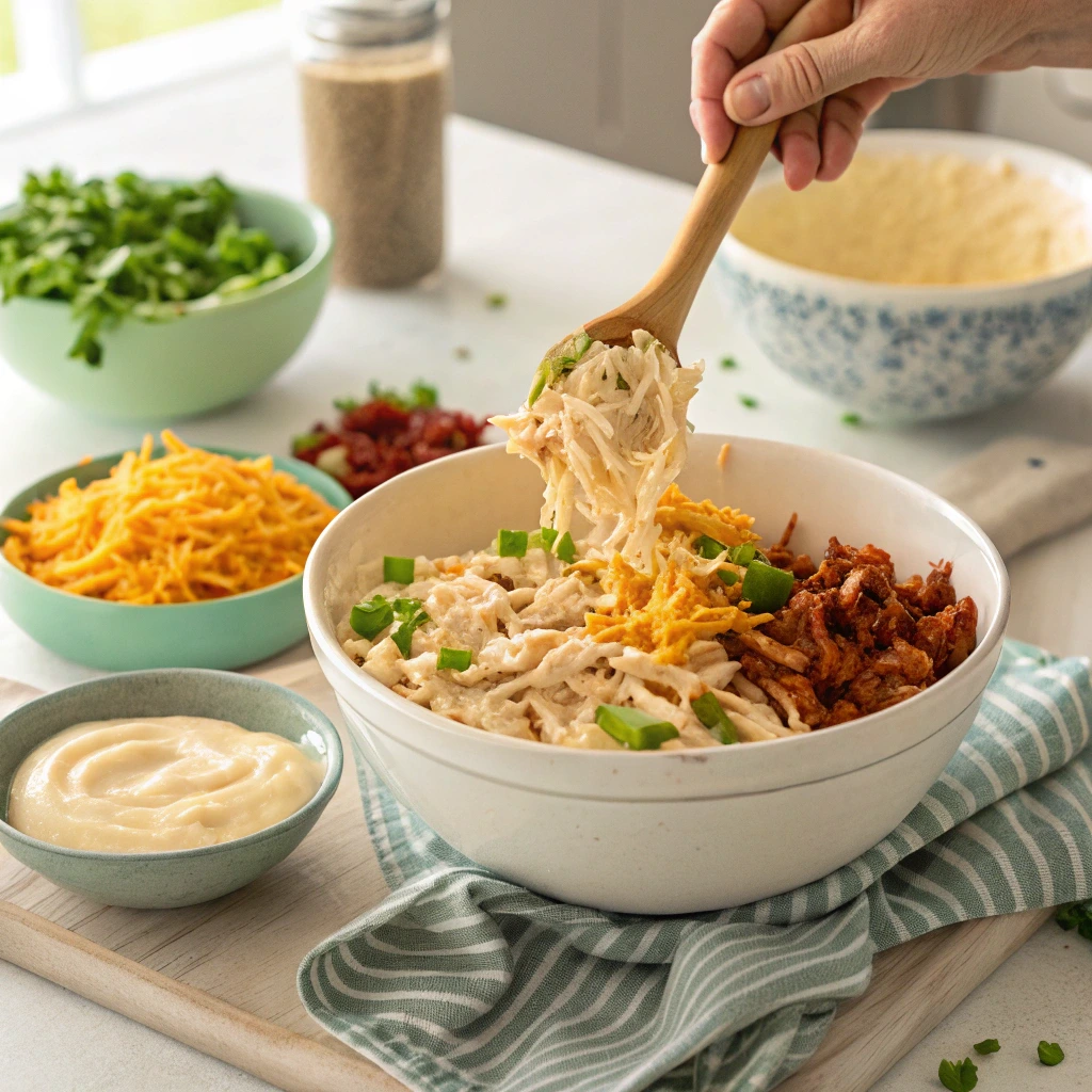 A creamy chicken salad made with shredded chicken, crispy bacon, cheddar cheese, and green onions, served with croissants and crackers.