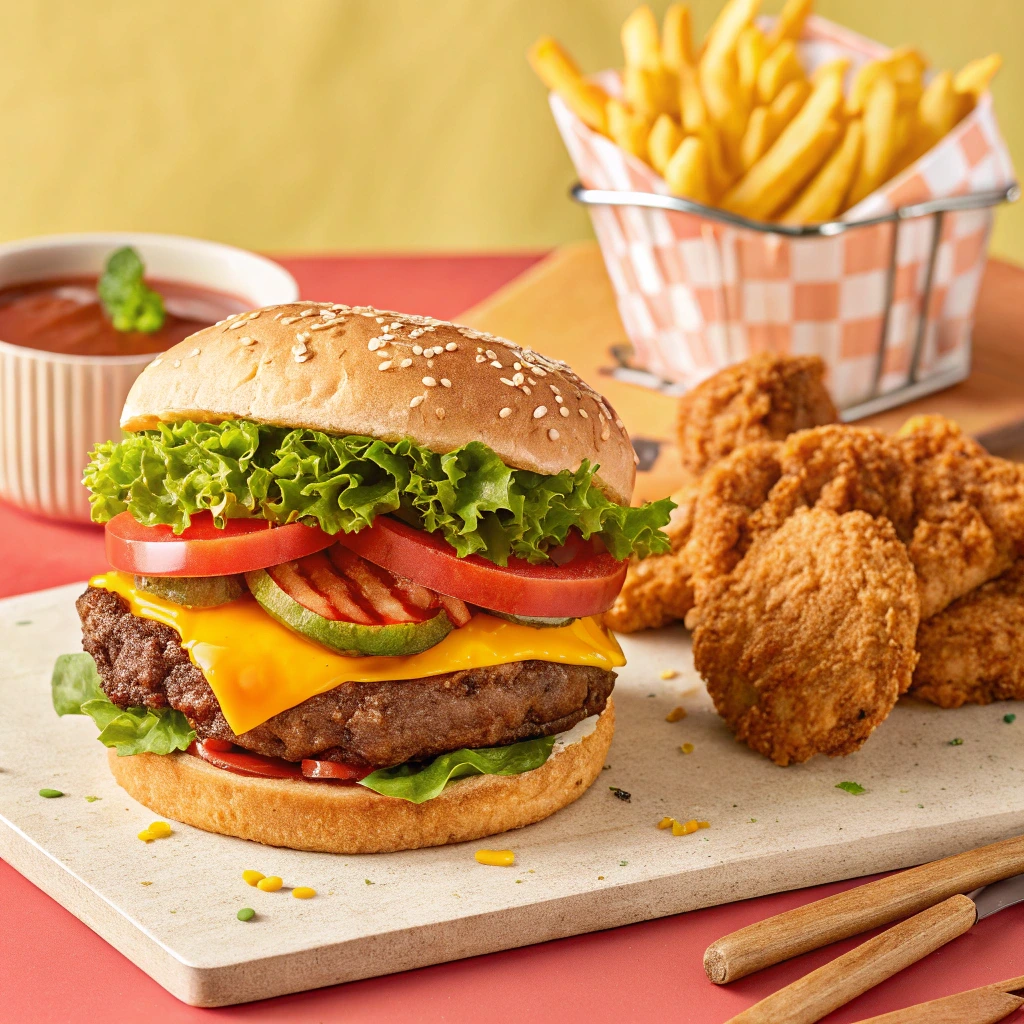 A juicy burger stacked with fresh toppings and a crispy chicken sandwich, served with a side of golden fries.