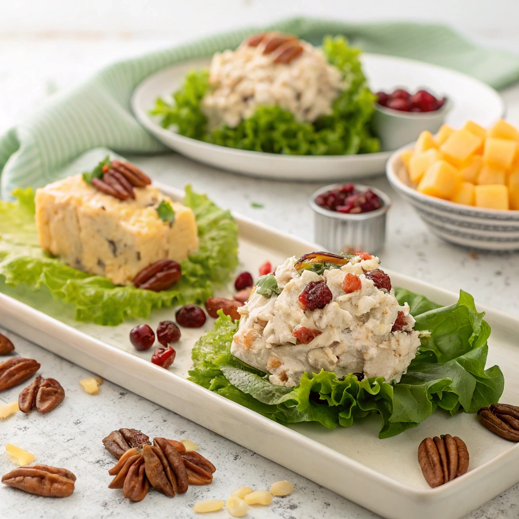 Three plated variations of Sassy Scotty Chicken Salad—one with extra cheese, another with pecans and cranberries, and a low-carb version over lettuce.