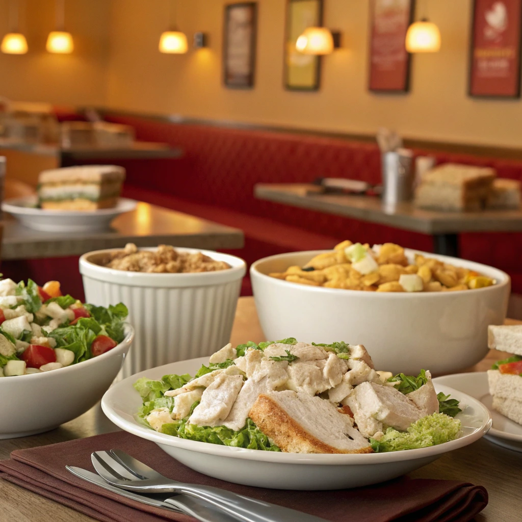 "A cozy dining scene at Chicken Salad Chick featuring chicken salad bowls, sandwiches, and fresh sides on a modern table."