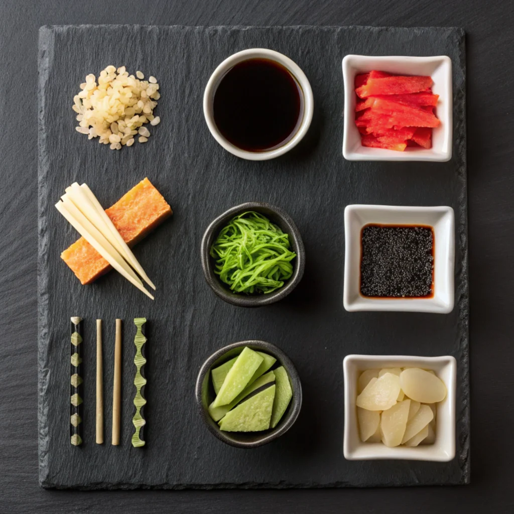 A dark slate plate featuring small dishes of soy sauce, wasabi, nori strips, and pickled ginger, neatly arranged.