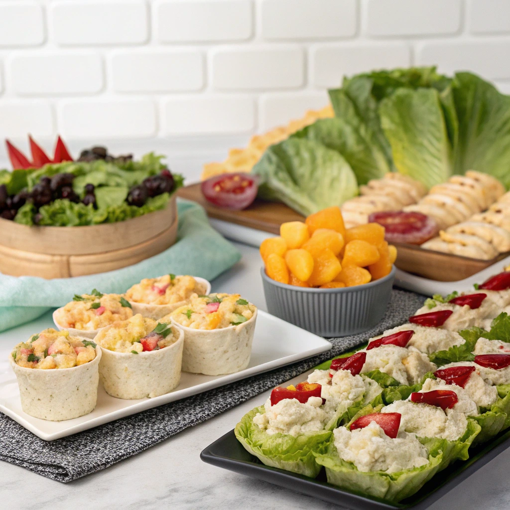 A variety of low-carb options at Chicken Salad Chick, including lettuce wraps, scoop salads, and fresh sides like pimento cheese and cucumber slices."