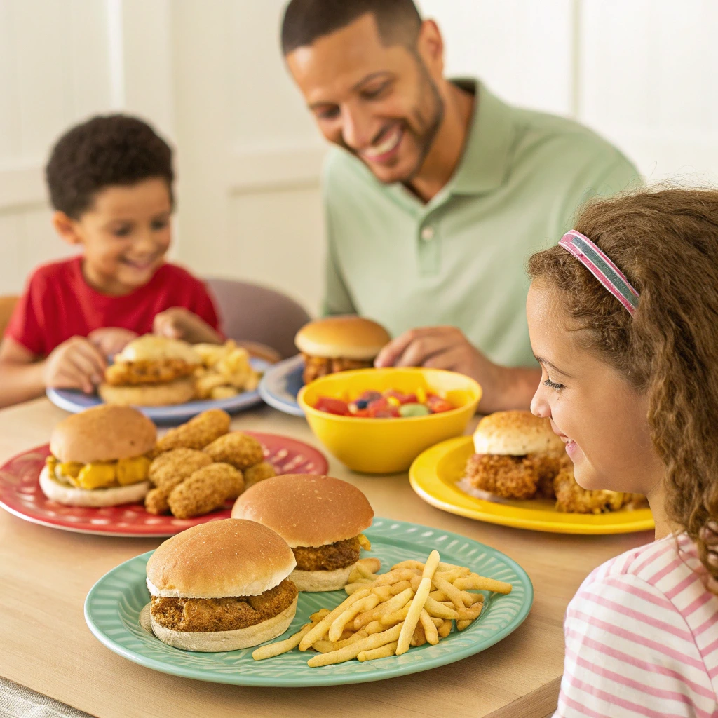 A table of family-friendly meals with kid-sized portions of sliders, chicken tenders, and fries, perfect for a family outing.