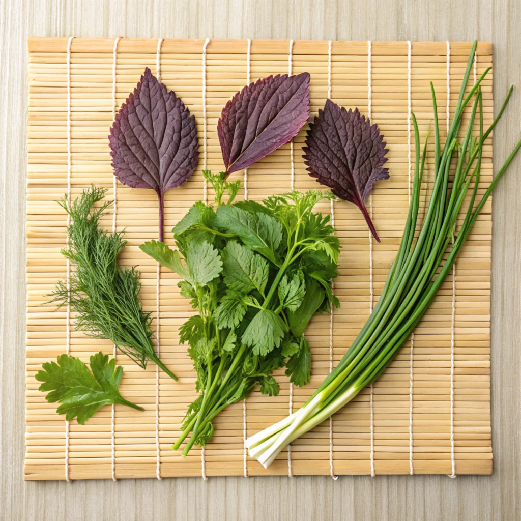 A bamboo sushi mat displaying fresh shiso leaves, cilantro, chives, dill, and wasabi leaves, neatly arranged for sushi preparation.