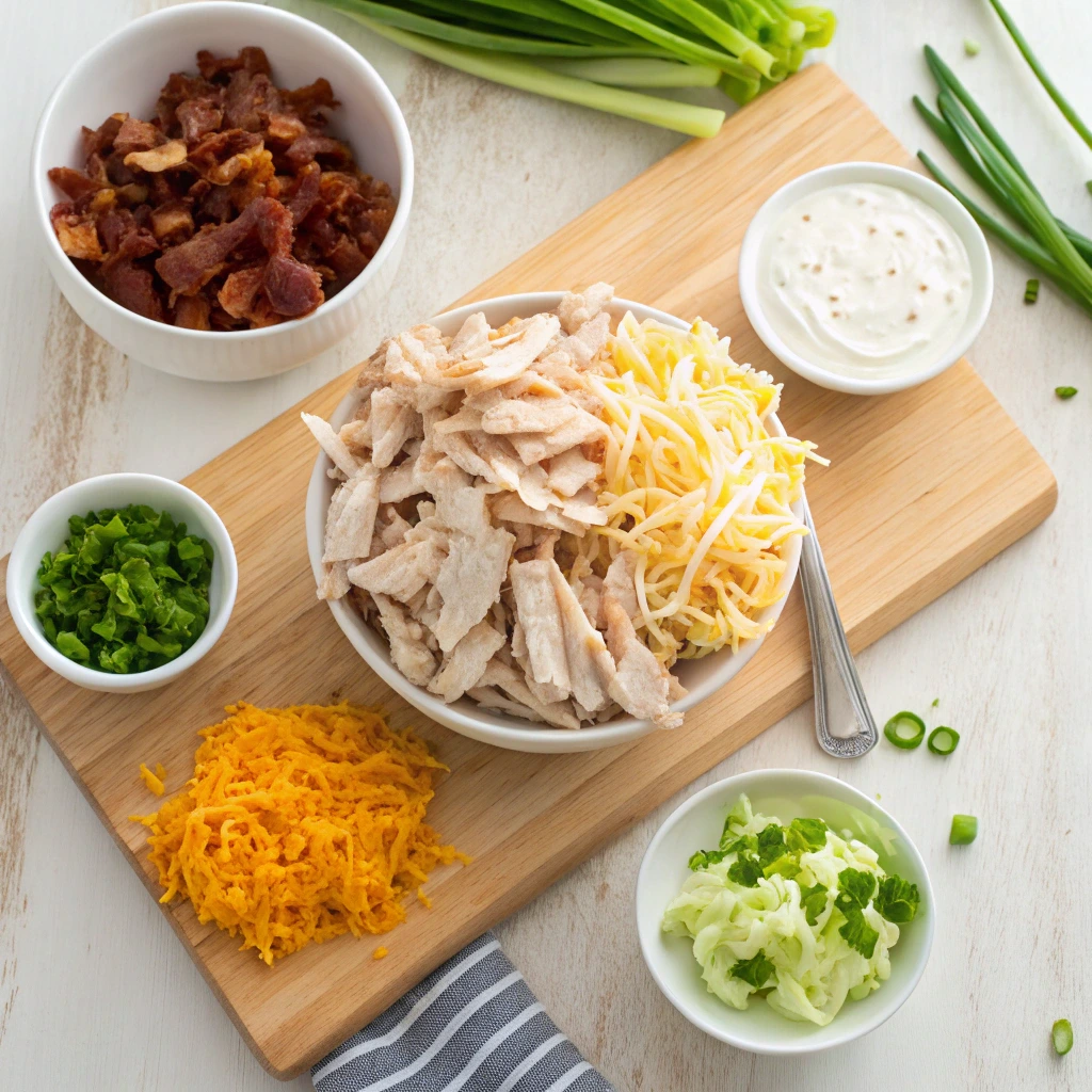 A flat lay of ingredients including shredded chicken, crispy bacon, cheddar cheese, green onions, and mayonnaise on a wooden cutting board.