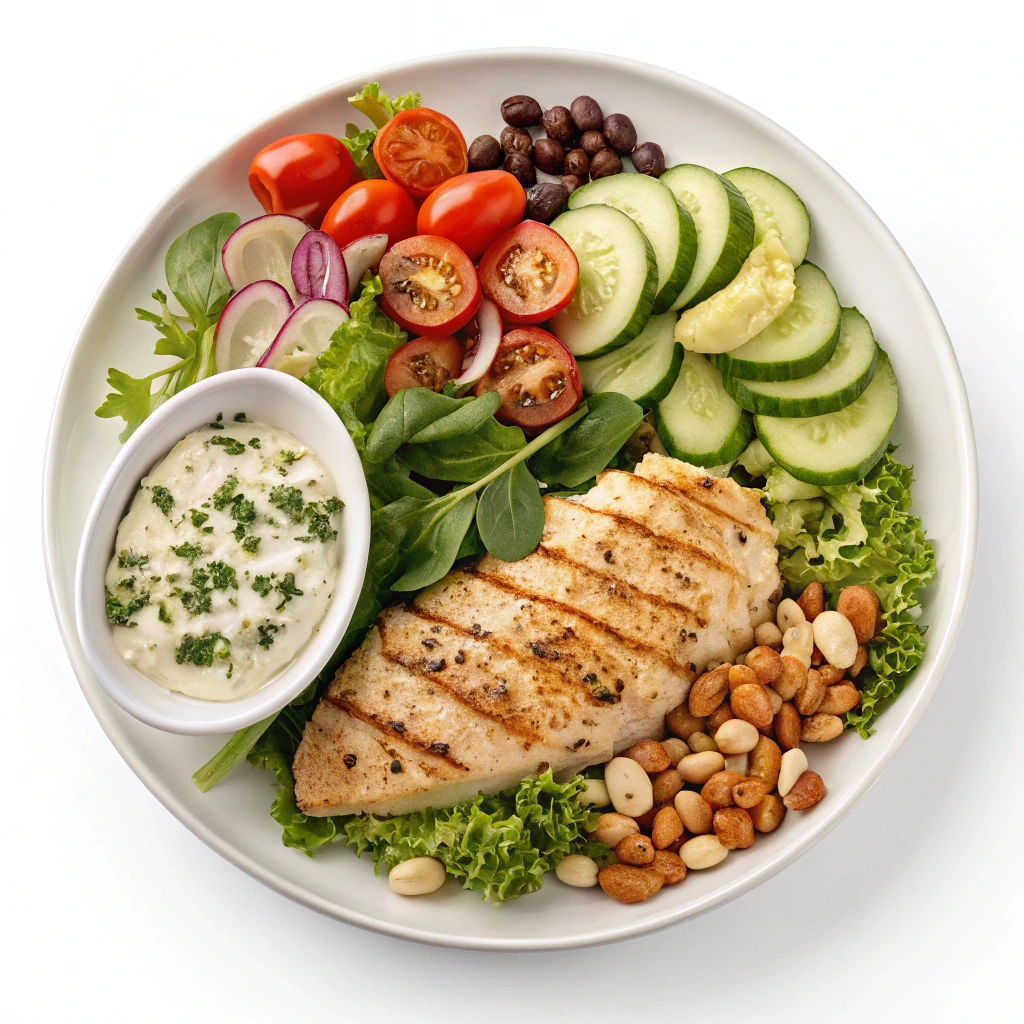 A well-balanced plate featuring Chicken Salad Chick's healthy menu options with fresh vegetables and lean protein.