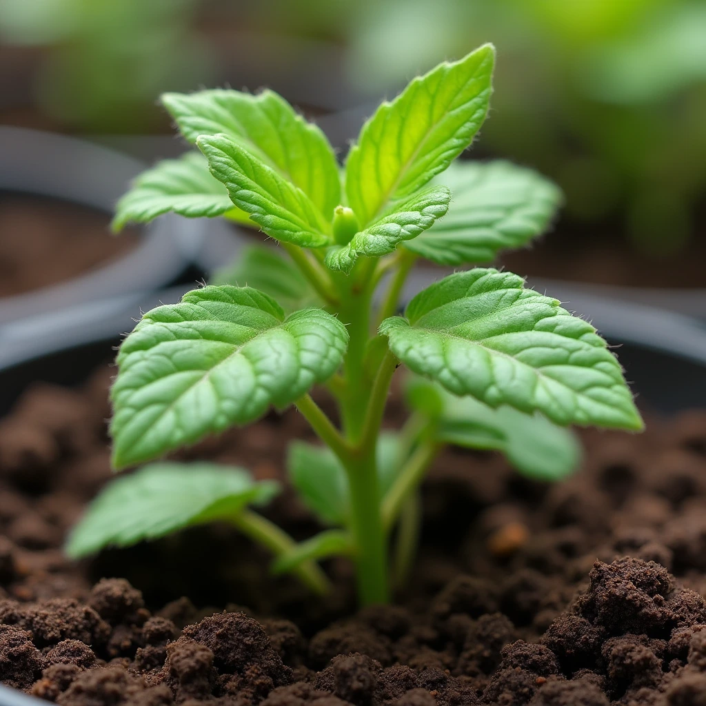 A small Shiso plant growing in a garden pot, surrounded by rich soil and bathed in natural sunlight.